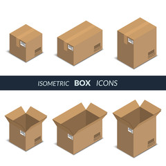 Vector illustration. Set of icons of cardboard boxes, open and closed, on a white background. Isometric, 3D.
