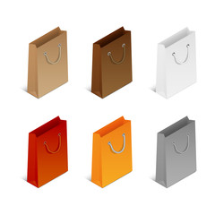 Vector illustration. Set of colorful icons of empty shopping bags. Isometric 3D.