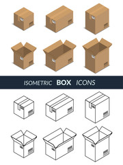 Vector illustration. Set of icons of open and closed cardboard boxes for shipping and delivery. Colorful and contour. Isometric, 3D.