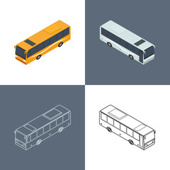 vector illustration. Set of icons of the bus. Color, contour, outline, with a door. Isometric, 3D