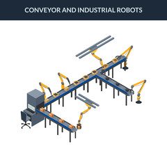 vector illustration. Automatic conveyor line with industrial robots. Packaging line with boxes. isometric. 3D