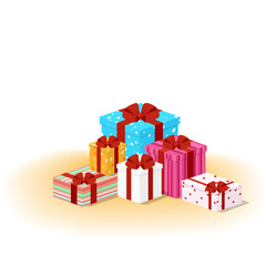 Vector illustration. Set of colorful gift, wrapping paper, decorated with ribbons and bows. Festive background