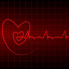 Vector illustration. Cardiogram with red heart outlines on a black background. Design for business card, banner, brochure, medical clinics.