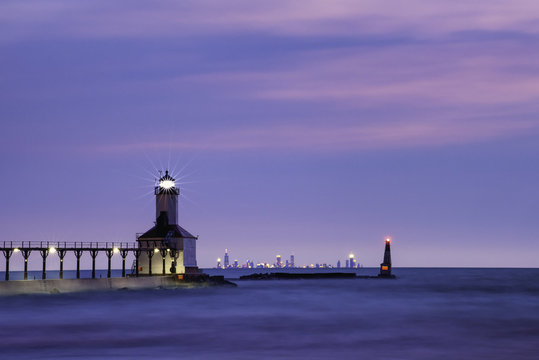 Michigan City East Pier Light and Chicago Skyline