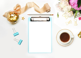 Mockup planner flat lay. Accessory on the table. View top. White background, still life. Events and party desktop. Feminine scene.