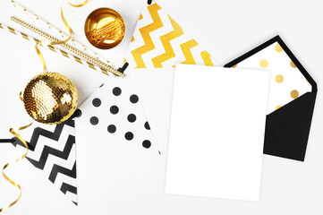 Xmas background. Decor table view. Flat Lay. Party mockup. Gold items