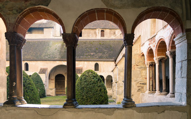 Arched windows of cathedral cloister.