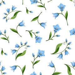 Vector seamless pattern with blue bluebell flowers isolated on a white background.