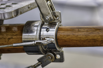 close up of stainless steel rigging on bowsprit