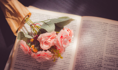 Artificial roses place on unfocused book- select focus and pink