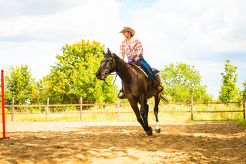 Cowgirl doing horse riding on countryside meadow