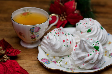 cup of tea with zephyr, meringue, marshmallow