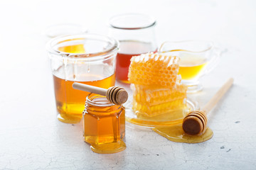 Various types of honey and honeycomb