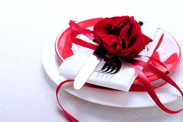 Red and white table setting for diner anniversary celebration
