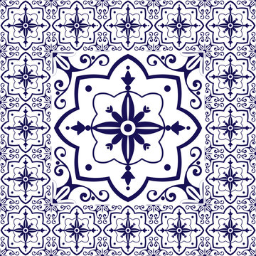 White blue tiles floor - vintage pattern vector with ceramic cement tiles. Big tile in center is framed in small. Background with portuguese azulejo, mexican talavera, spanish, delft dutch motifs.