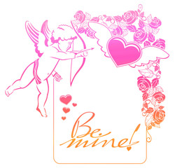 Cupid with bow hunting for hearts. Color gradient frame with Cupid, roses, hearts and artistic written text 