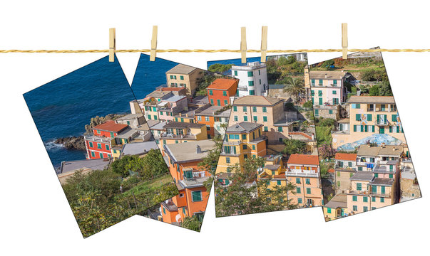 cartes postales de Riomaggiore sur corde à linge avec pinces, fond blanc
