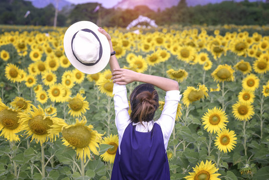 beautiful girl enoy in field of sunflowers