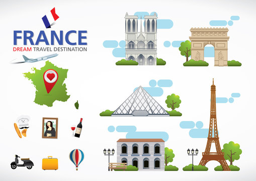 France Vector travel destinations icon set. France set