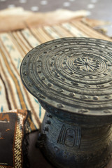 Metal oriental plate. Interior detail