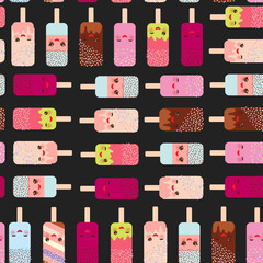 seamless pattern ice cream, ice lolly  Kawaii with pink cheeks and winking eyes, pastel colors on dark black background. Vector