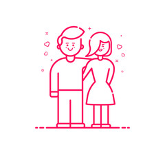 Vector illustration of icon valentines day concept in flat bold line style. Graphic design pink love couple characters with hearts. Boy and girl outline objects use in Web Project and Applications.