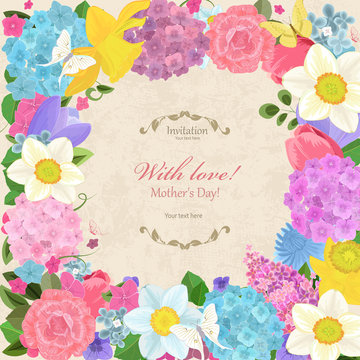 romantic invitation card with different spring flowers for your