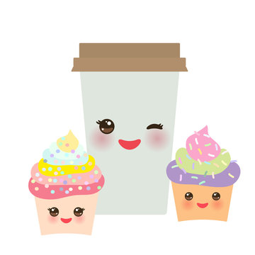 Take-out coffee in Paper thermo coffee cup with brown cap, cupcake. Kawaii cute face with eyes and smile  Isolated on white background. Vector