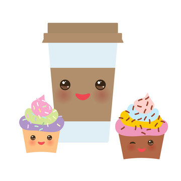 Take-out coffee in Paper thermo coffee cup with brown cap and cup holder, chocolate cupcake. Kawaii cute face with eyes and smile  Isolated on white background. Vector