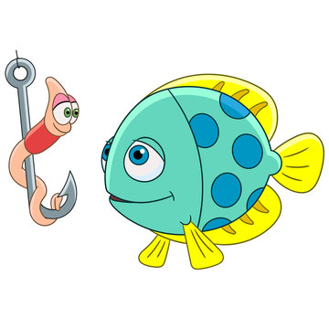 Cartoon fish and worm on a fishing hook, isolated on white background. Childish vector illustration and colorful book page for kids.