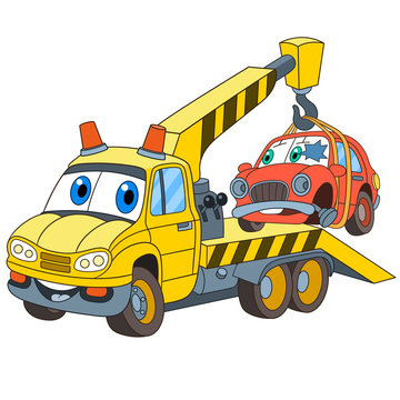 Cartoon vehicle transport. Tow truck (evacuator) with a broken car, isolated on white background. Childish vector illustration and colorful book page for kids.