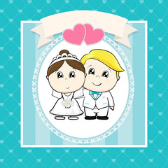 cute bride and groom with hearts and empty banner on seamless hearts pattern, ideal for funny wedding invitations