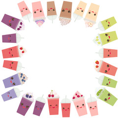  Round frame for your text. card design smoothie blueberry raspberry strawberry kiwi apple blackberry cherry chocolate coffee cranberries grapes plastic cup Isolated on white background. Vector