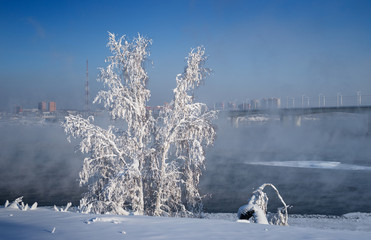 The shore of the Angara River in Irkutsk in winter