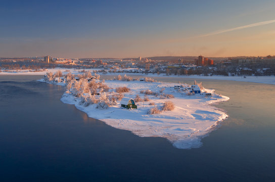 Sunny island in the city of Irkutsk on the Angara River
