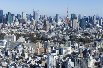 Obraz premium 東京都市風景 東京タワー 東京スカイツリー 虎ノ門ヒルズ 広尾 白金 