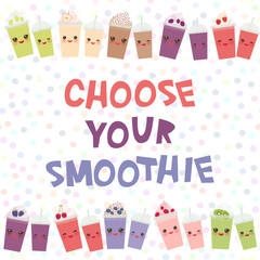 Choose your smoothies. card design Takeout blackberry cherry chocolate coffee cranberries grapes smoothie transparent plastic cup with straw and whipped cream. Isolated on white background. Vector