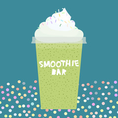 card design smoothie bar kiwi smoothie transparent plastic cup with  whipped cream on dark cyan, turquoise background. Vector