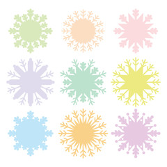 Christmas card design snowflake set blue mint orange pink lilac on white background. Vector