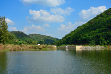 View of mountain forest lake natural landscape with sunny.
