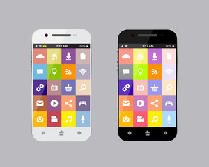 Black and white smartphone with apps, flat design, stock vector