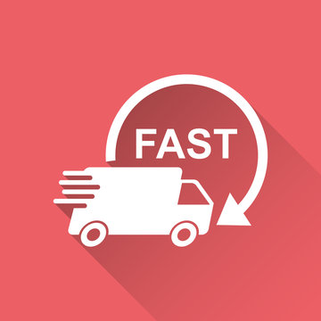 Delivery truck vector illustration. Fast delivery service shipping icon. Simple flat pictogram for business, marketing or mobile app internet concept on red background with long shadow.