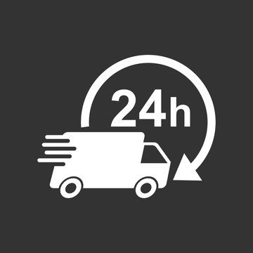Delivery truck 24h vector illustration. 24 hours fast delivery service shipping icon. Simple flat pictogram for business, marketing or mobile app internet concept on black background.