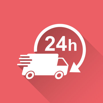 Delivery truck 24h vector illustration. 24 hours fast delivery service shipping icon. Simple flat pictogram for business, marketing or mobile app internet concept on red background with long shadow.