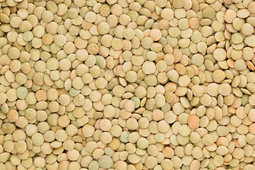 Green lentil closeup top view background. Healthy protein food.