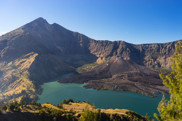 Naklejka na ściany i meble Rinjani volcano mountain crater landscape in a morning, Lombok,