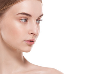 closeup beauty skin female face over horizontal white background 