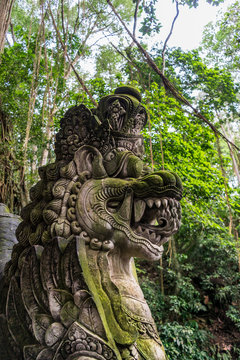 Balinese Lion. Lion sculpture head from the side, photographed at a temple in Ubud Bali, Indonesia.