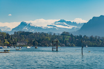 View of Lucerne lake with Swiss alps from a ferry, Switzerland - April, 2016