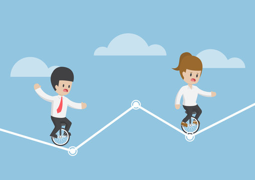 Businessman riding a unicycle and trying to balance on a graph
